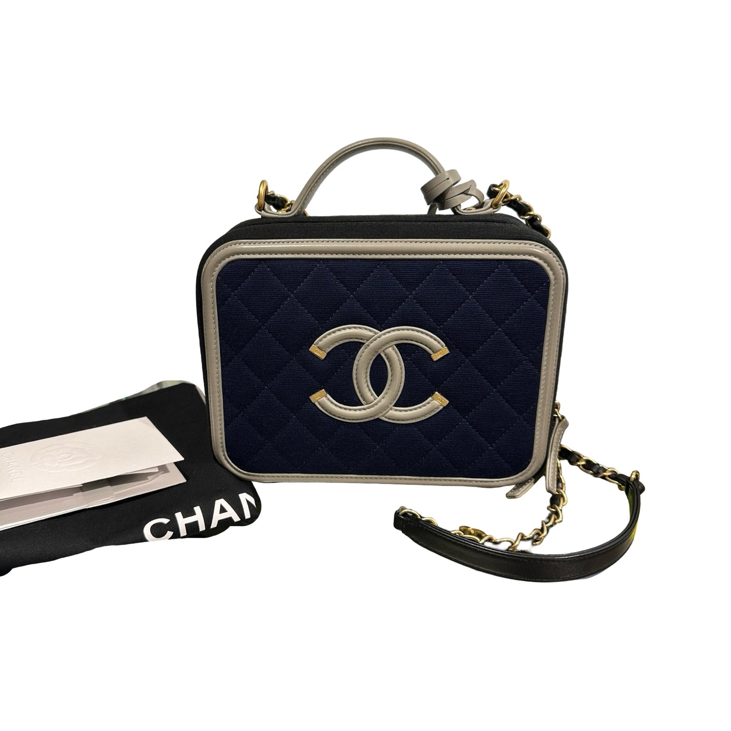 Used Chanel Canvas Calfskin Leather Vanity Case Vanity case Black Gray GHW