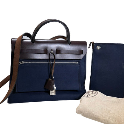 Used HERMES Toile Hunter Herbag Zip Handbag Navy Blue Brown
