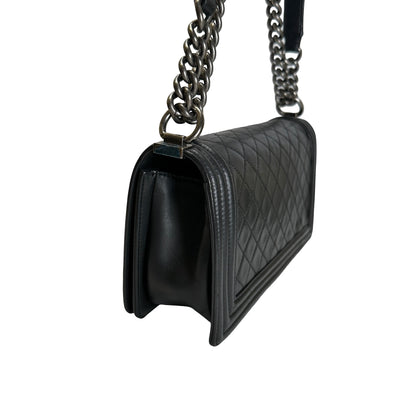 Used CHANEL Quilted Calfskin Boy Bag Shoulder Bag Black Silver