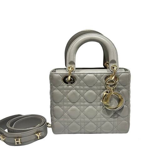 Used DIOR Lambskin Leather LADY DIOR SMALL Two Way Shoulder Bag Grey GHW