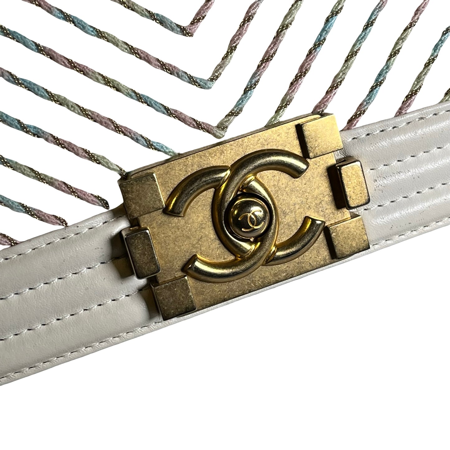 Used CHANEL Chevron Leather Boy Bag Chain Shoulder Bag White Multi-color
