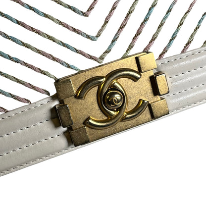 Used CHANEL Chevron Leather Boy Bag Chain Shoulder Bag White Multi-color