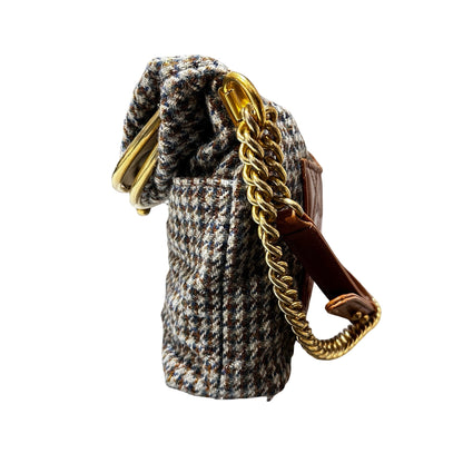 Used CHANEL Houndstooth Tweed Tabatiere Kiss Lock Chain Shoulder Bag Brown Blue Grey GHW