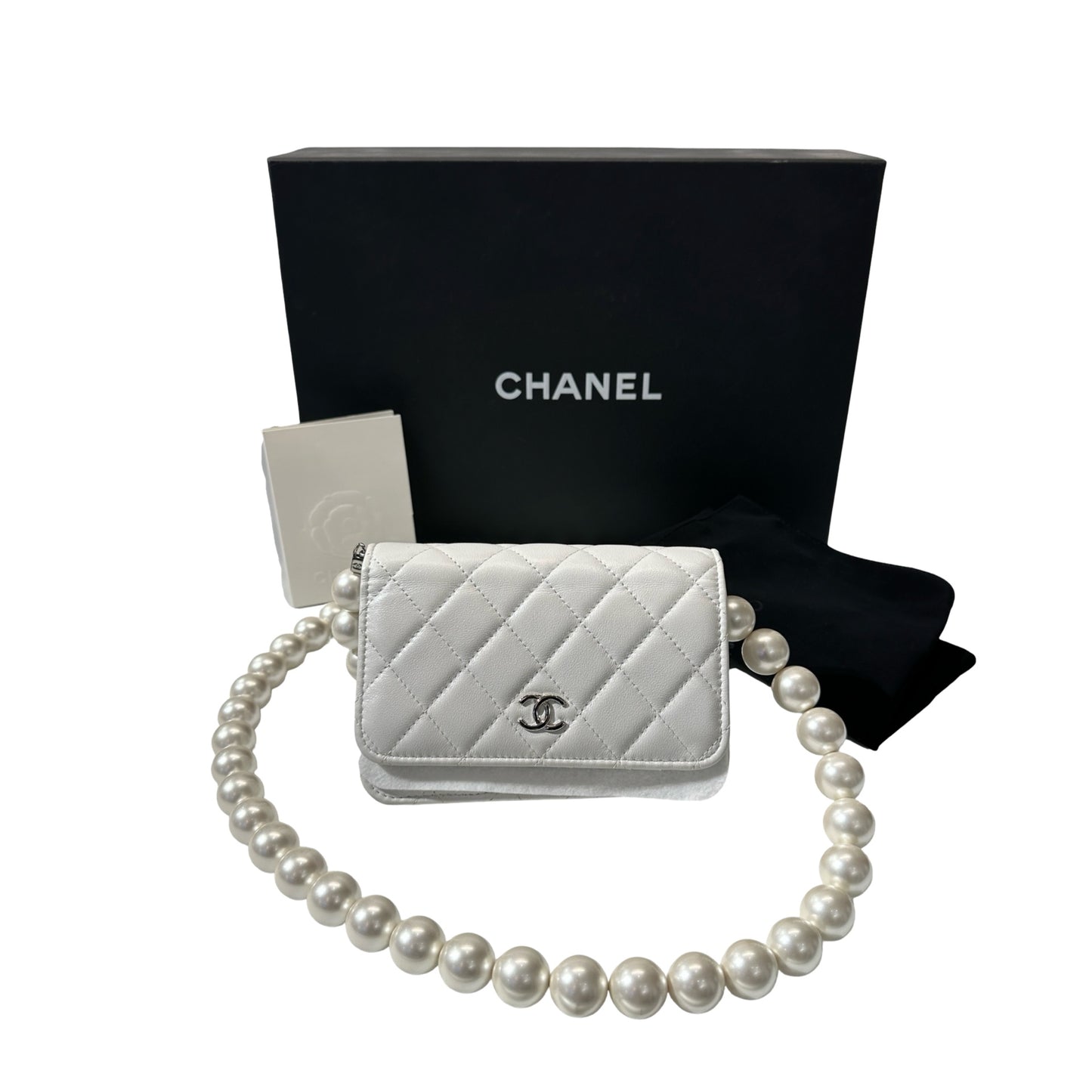Used CHANEL Lambskin Leather WOC Pearl Shoulder Bag White PHW