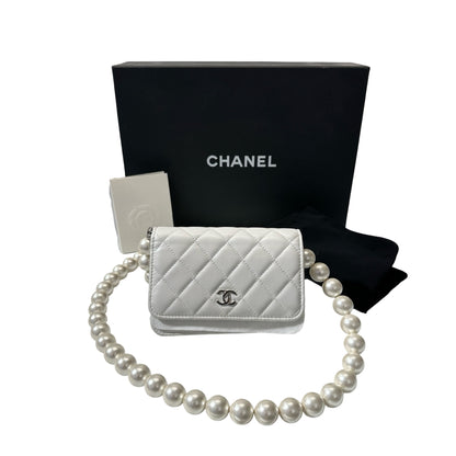Used CHANEL Lambskin Leather WOC Pearl Shoulder Bag White PHW