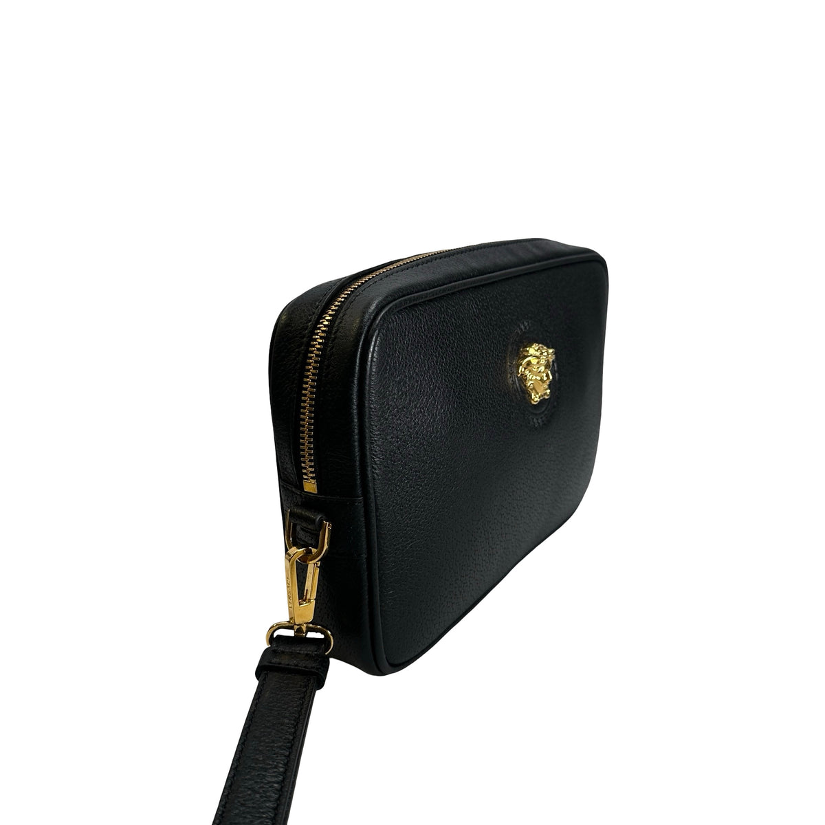 VERSACE Pebbled Leather Medusa Camera Bag Camera Bag Black Gold