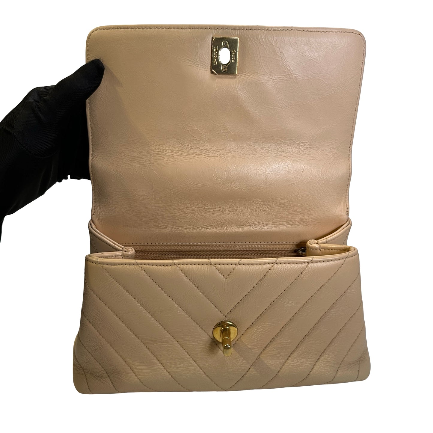Used CHANEL Chevron Coco Handle Handbag Beige GHW