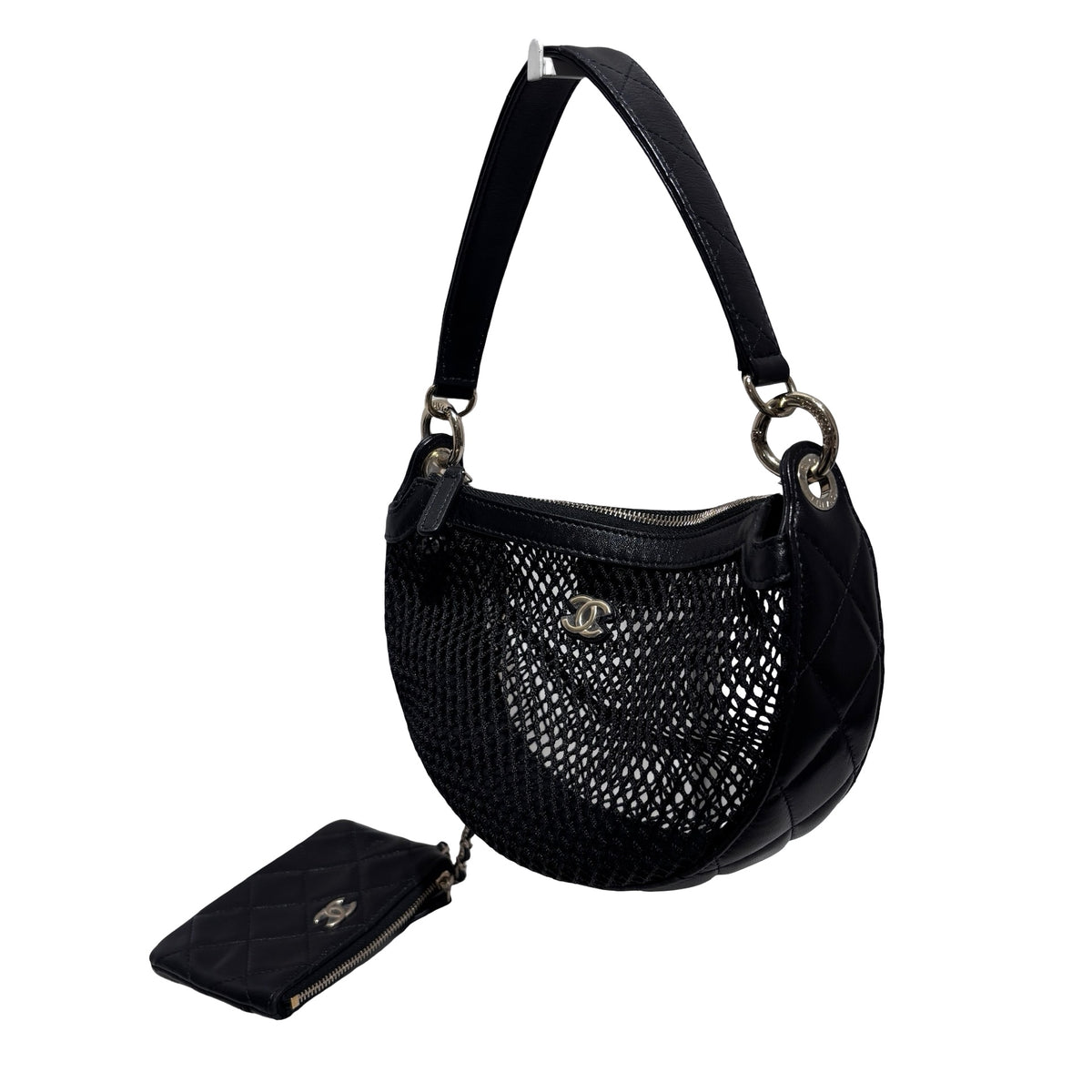 Used CHANEL Mesh 25S Half Moon Clutch Chain Shoulder Bag Black