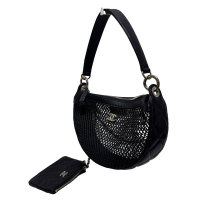 Used CHANEL Mesh 25S Half Moon Clutch Chain Shoulder Bag Black