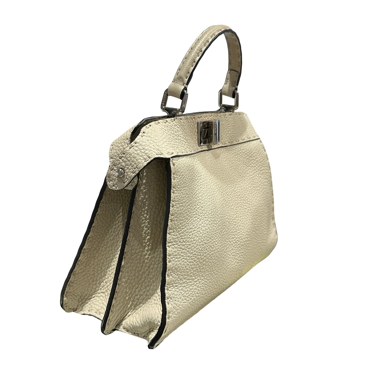 Used FENDI Calfskin Leather Peekaboo Handbag White Beige PHW