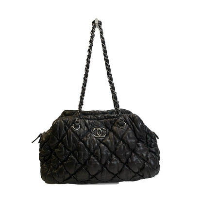 Used CHANEL Quilted Leather Bubble Quilted Bowler Bag Handbag Black Silver hardware