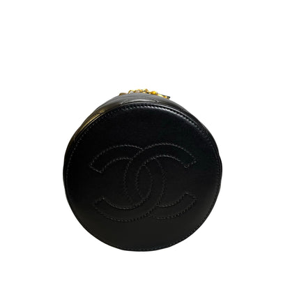 Used CHANEL Diamond Quilted Lambskin Cylindrical Vanity Case with Chain Vanity case Black GHW