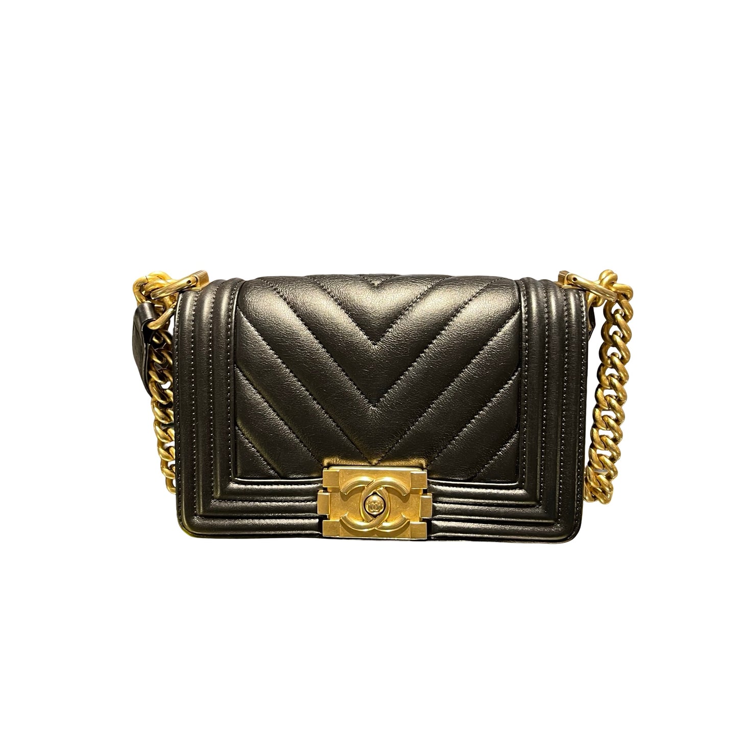 Used Chanel Boy 20 V line Shoulder Bag Black GHW