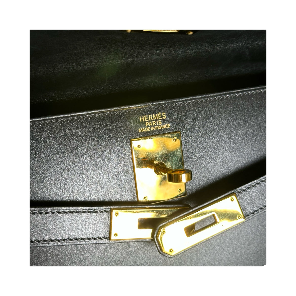 Used HERMES Box Calf Kelly 32 Handbag Black Gold