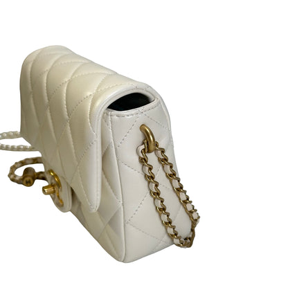 Used CHANEL Lambskin Mini Flap Bag With pearl Mini Bag White