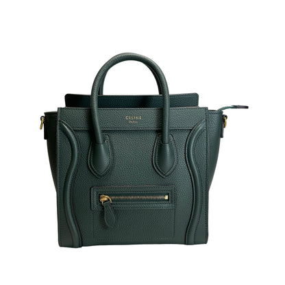 Used CELINE Drummed Calfskin Luggage Nano Handbag Dark Green