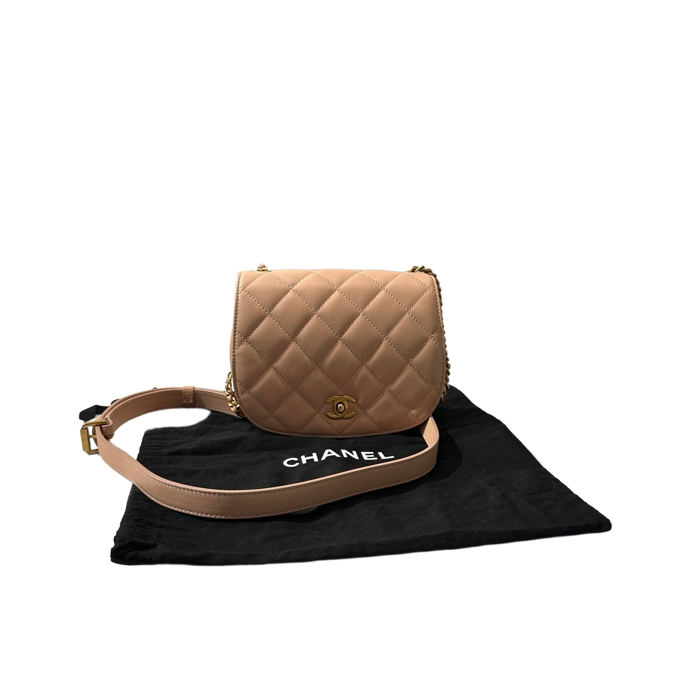 Used CHANEL Calfskin Leather 21S Messenger Bag Beige GHW