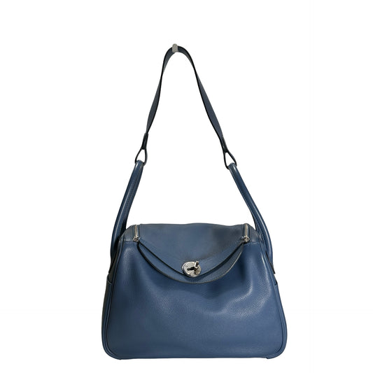 Used HERMES Leather Lindy 26 Handbag Blue PHW