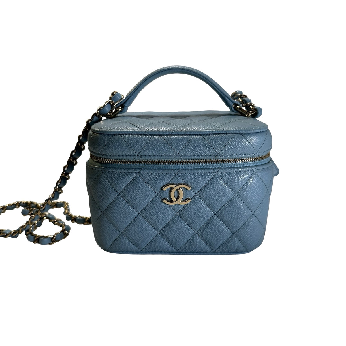 Used CHANEL Quilted Caviar Leather Vanity Case Vanity case Light Blue