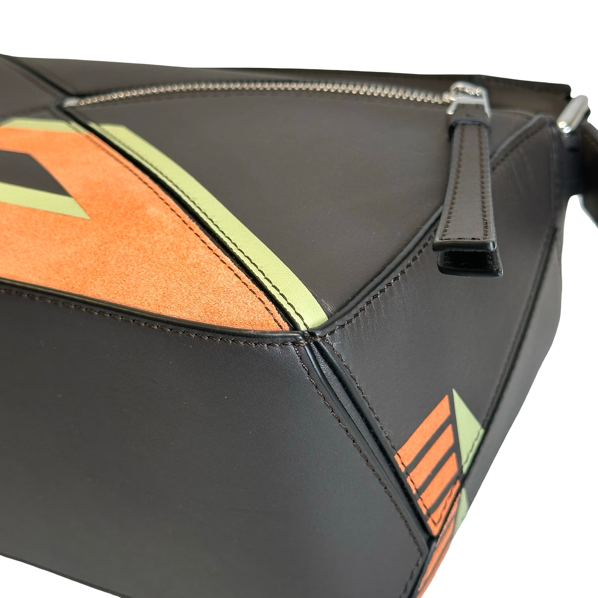Used LOEWE Calfskin Puzzle Bag Small Shoulder Bag Black Orange Green
