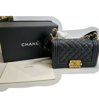 Used CHANEL Quilted Caviar Boy Chanel Flap Bag Chain Shoulder Bag Black Gold Hardware
