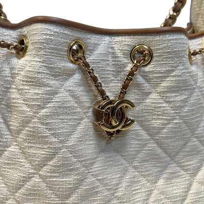Used CHANEL Quilted Tweed Deauville Handbag White Brown