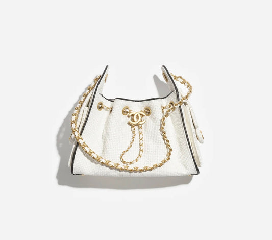 Used Chanel Calfskin Leather 25 Hobo Shoulder Bag White Black