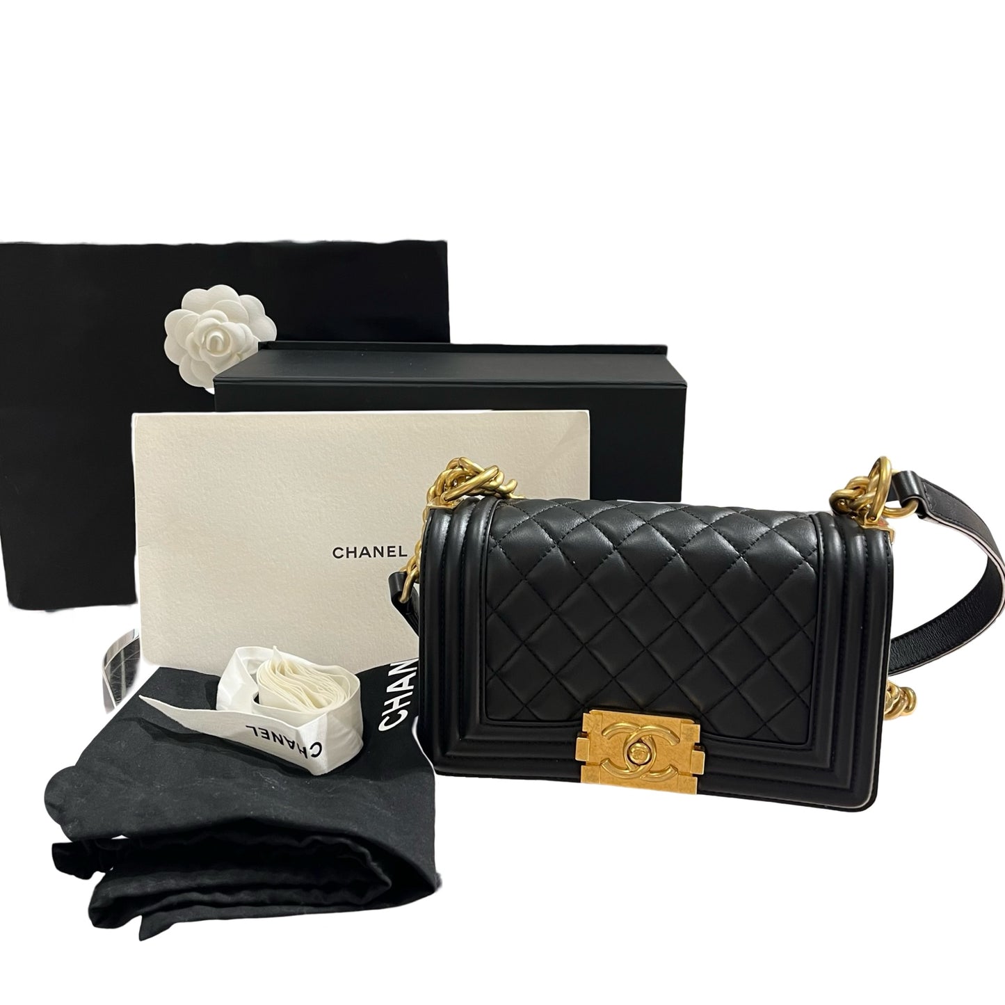 Used CHANEL Calfskin Leather Boy 20cm Shoulder Bag Black GHW