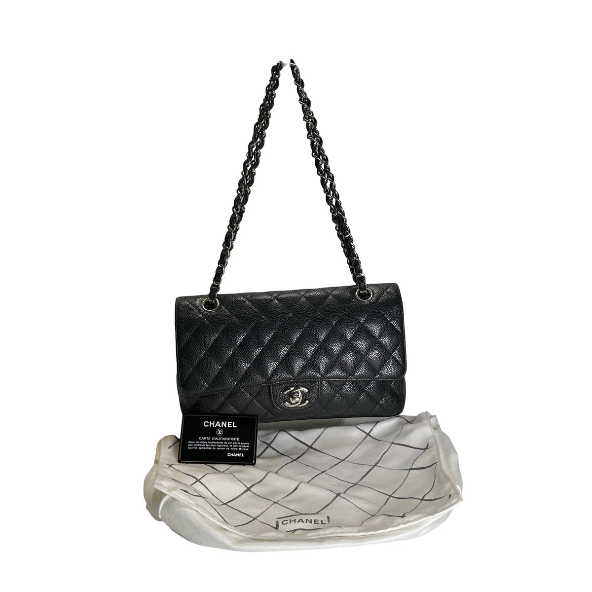 Used CHANEL Caviar Quilted Classic Flap Chain Shoulder Bag Black Silver