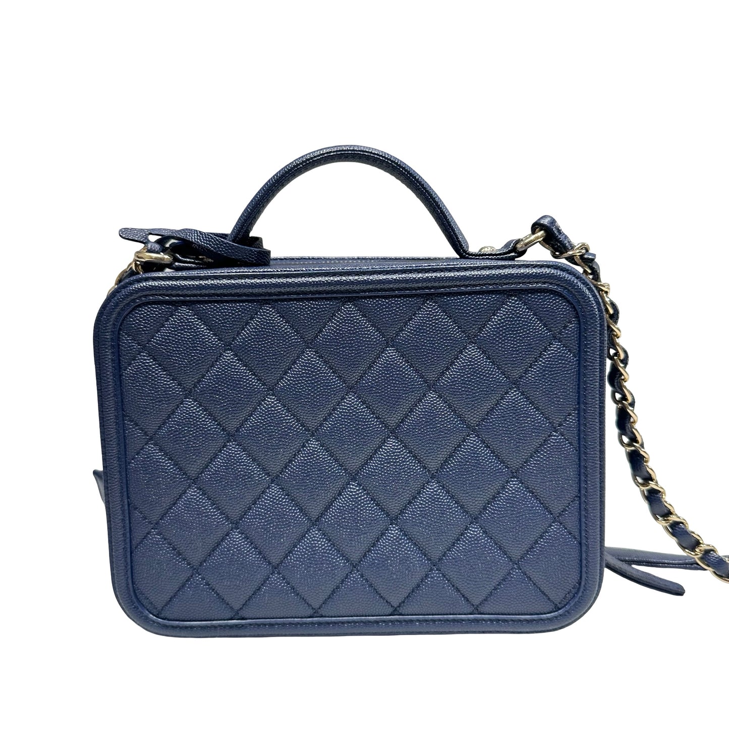Unused CHANEL Calfskin Leather Vanity Case Navy Blue