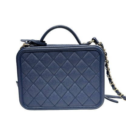 Unused CHANEL Calfskin Leather Vanity Case Navy Blue