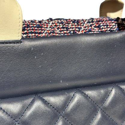 Used CHANEL Lambskin Leather Tweed Airlines Portobello Two Way Shoulder Bag Blue White PHW