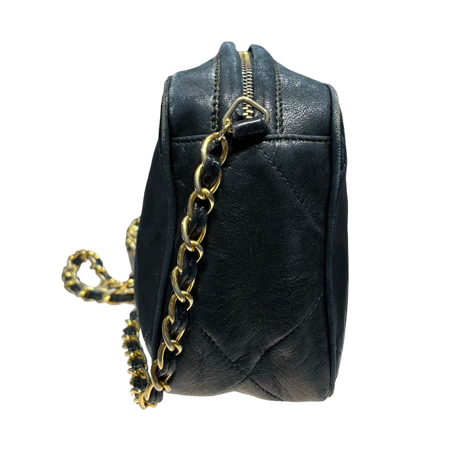 Used CHANEL Lambskin Leather Vintage Chain Bag Chain Shoulder Bag Black