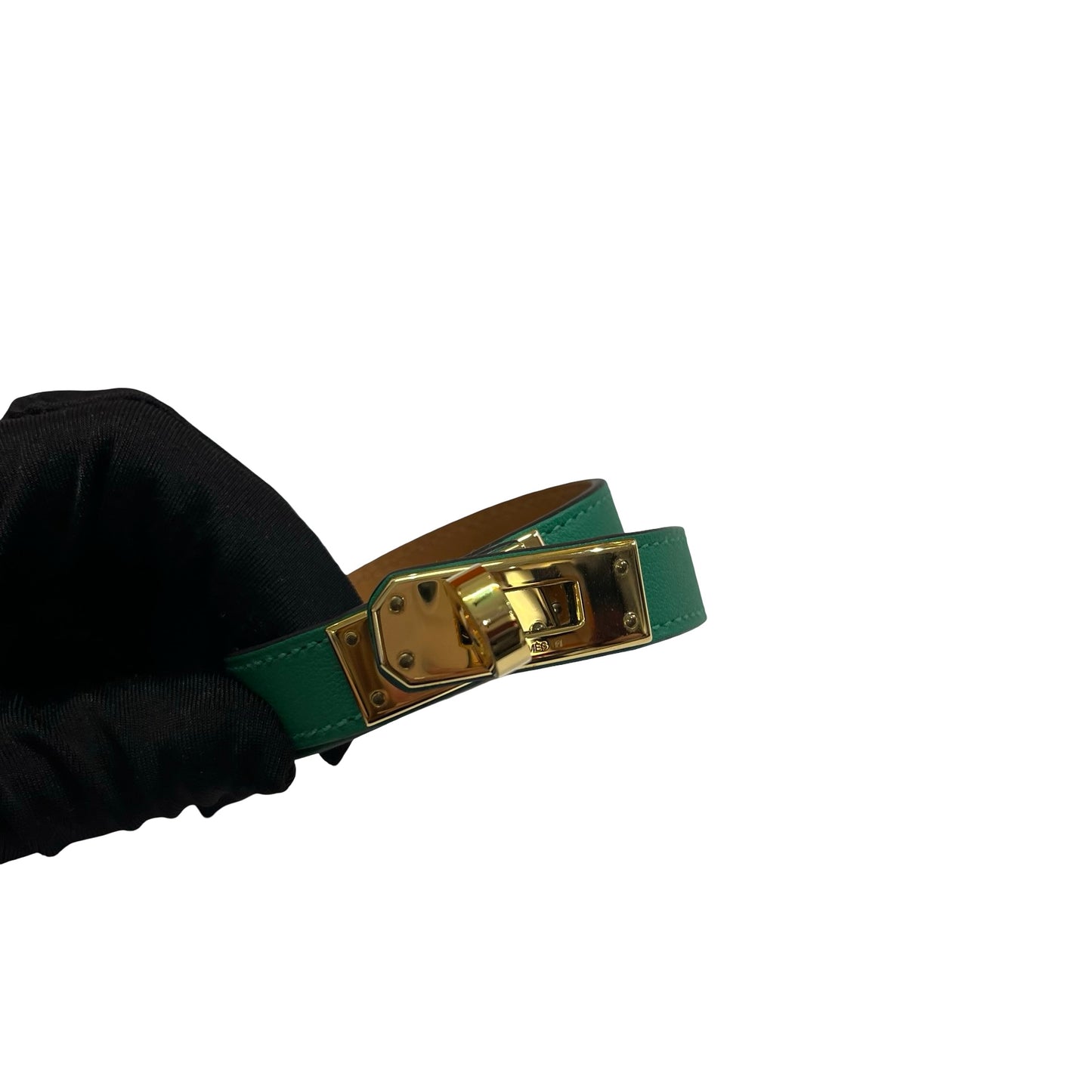 Used HERMES Leather Kelly Double Tour Bracelet BRACELET Green Gold