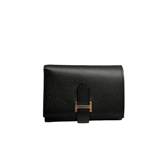 Used HERMÈS BEARN COMPACT Wallet Black Red PHW