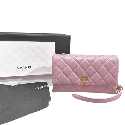 Used CHANEL Lambskin Cross Body Bag Pink GHW