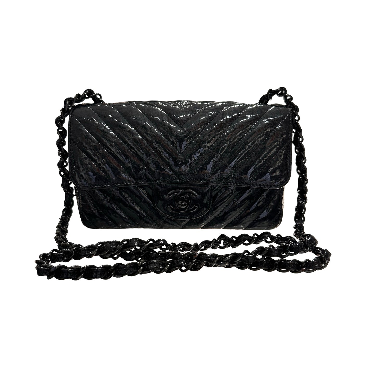 Used CHANEL Patent Leather MINI FLAP 20 CM Cross Body Bag Black