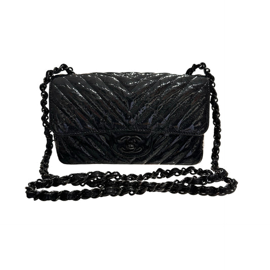 Used CHANEL Patent Leather MINI FLAP 20 CM Cross Body Bag Black