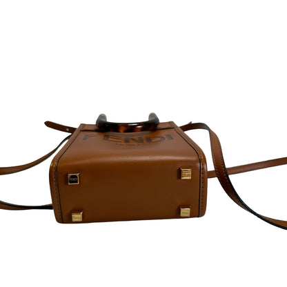 Used FENDI Leather Sunshine Shopper Mini Tote Bag Brown