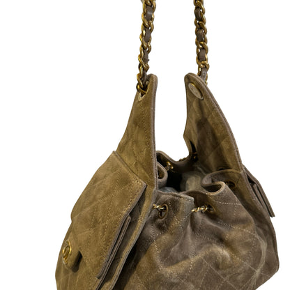 Used CHANEL Suede Quilted Suede Quilted Handbag Handbag Khaki Gold