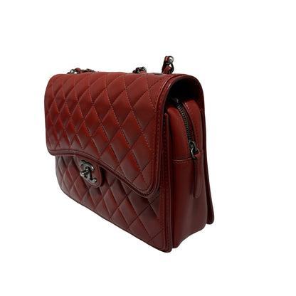 Used CHANEL Lambskin Large Citizen Zip Double Flap Bag Chain Shoulder Bag Red PHW