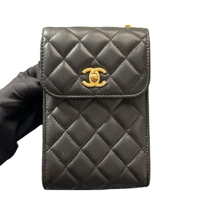 Used Chanel Lambskin Leather Phone with gold ball Cross Body Bag Black GHW