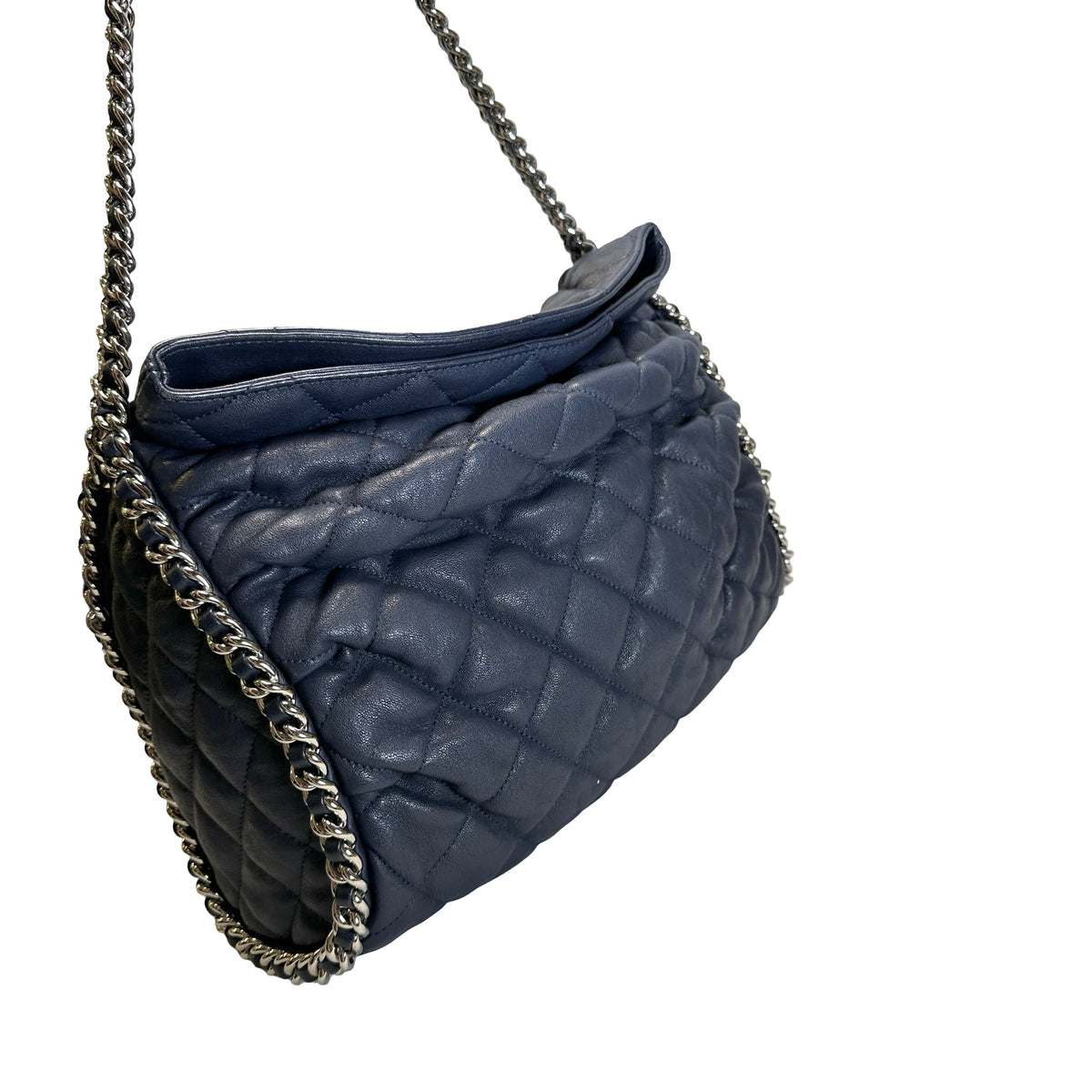 Used CHANEL Quilted Leather Quilted Shoulder Bag Chain Shoulder Bag Navy Blue Silver Hardware