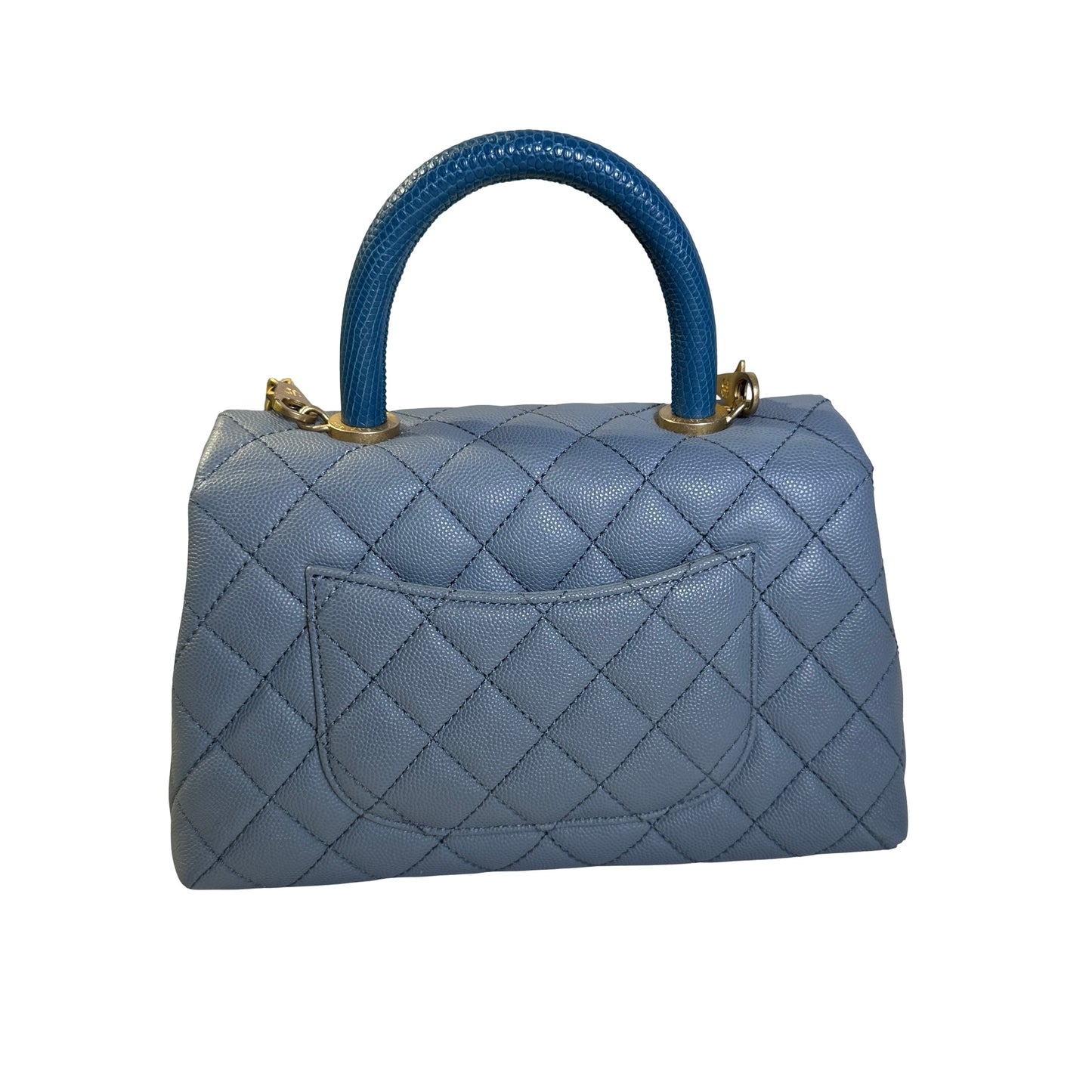 Used CHANEL Quilted Caviar Lizard Coco Handle Handbag Blue