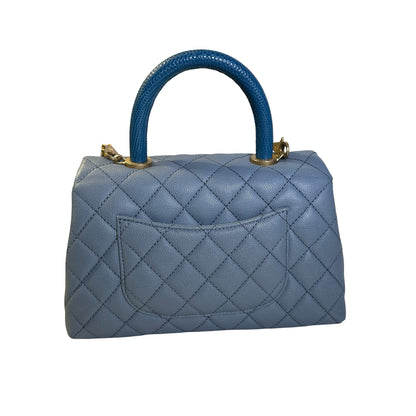 Used CHANEL Quilted Caviar Lizard Coco Handle Handbag Blue