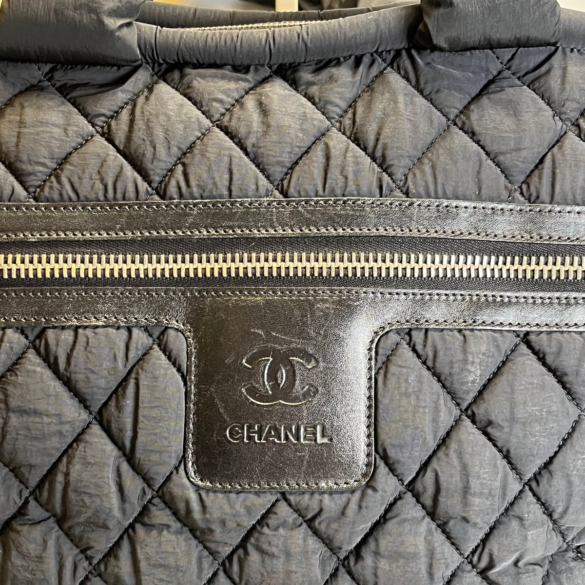 Used CHANEL Quilted Nylon Coco Cocoon Travel Bag Black PHW