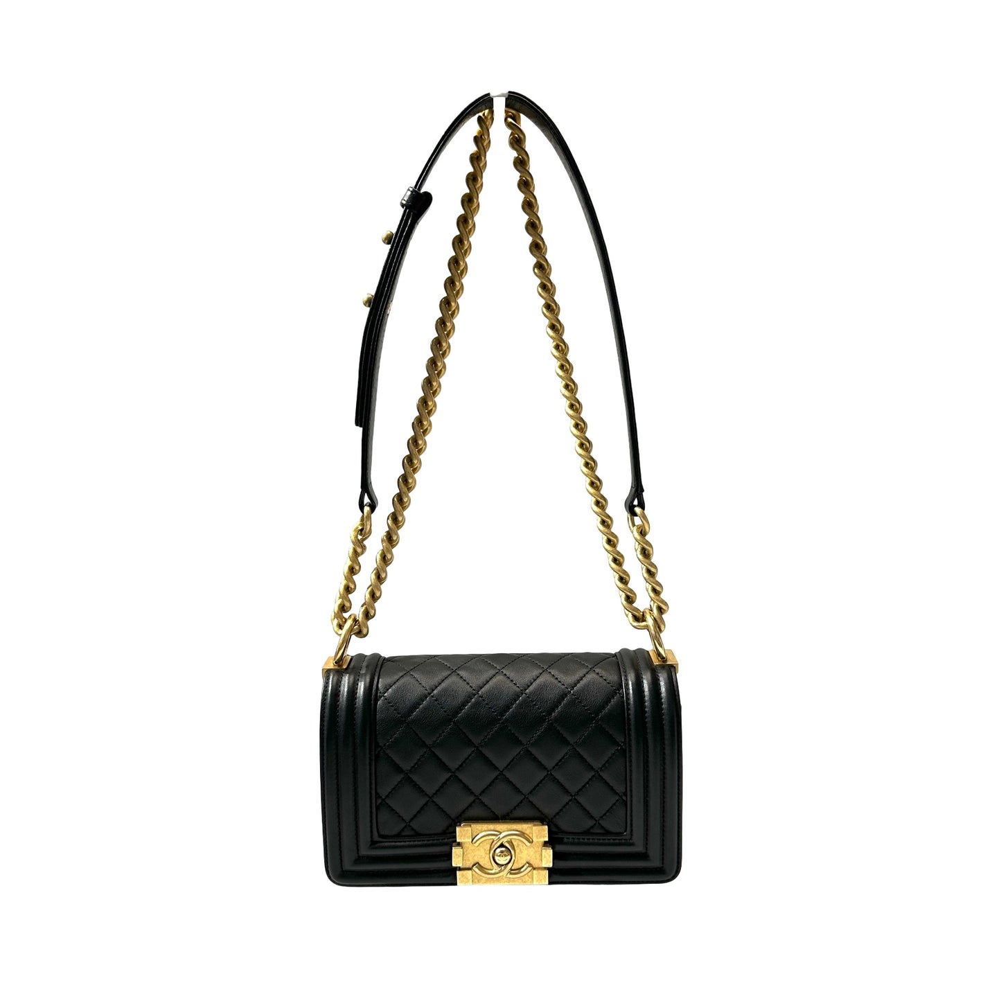 Used CHANEL Lambskin Leather Boy 20cm Shoulder Bag Black GHW