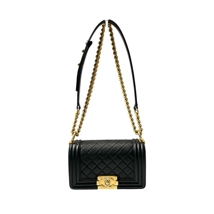 Used CHANEL Lambskin Leather Boy 20cm Shoulder Bag Black GHW