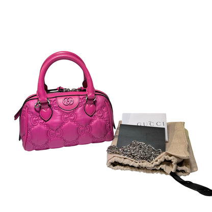 Used GUCCI GG CANVAS Calfskin Leather GG Matelasse Mini Bowling Handbag Pink PHW