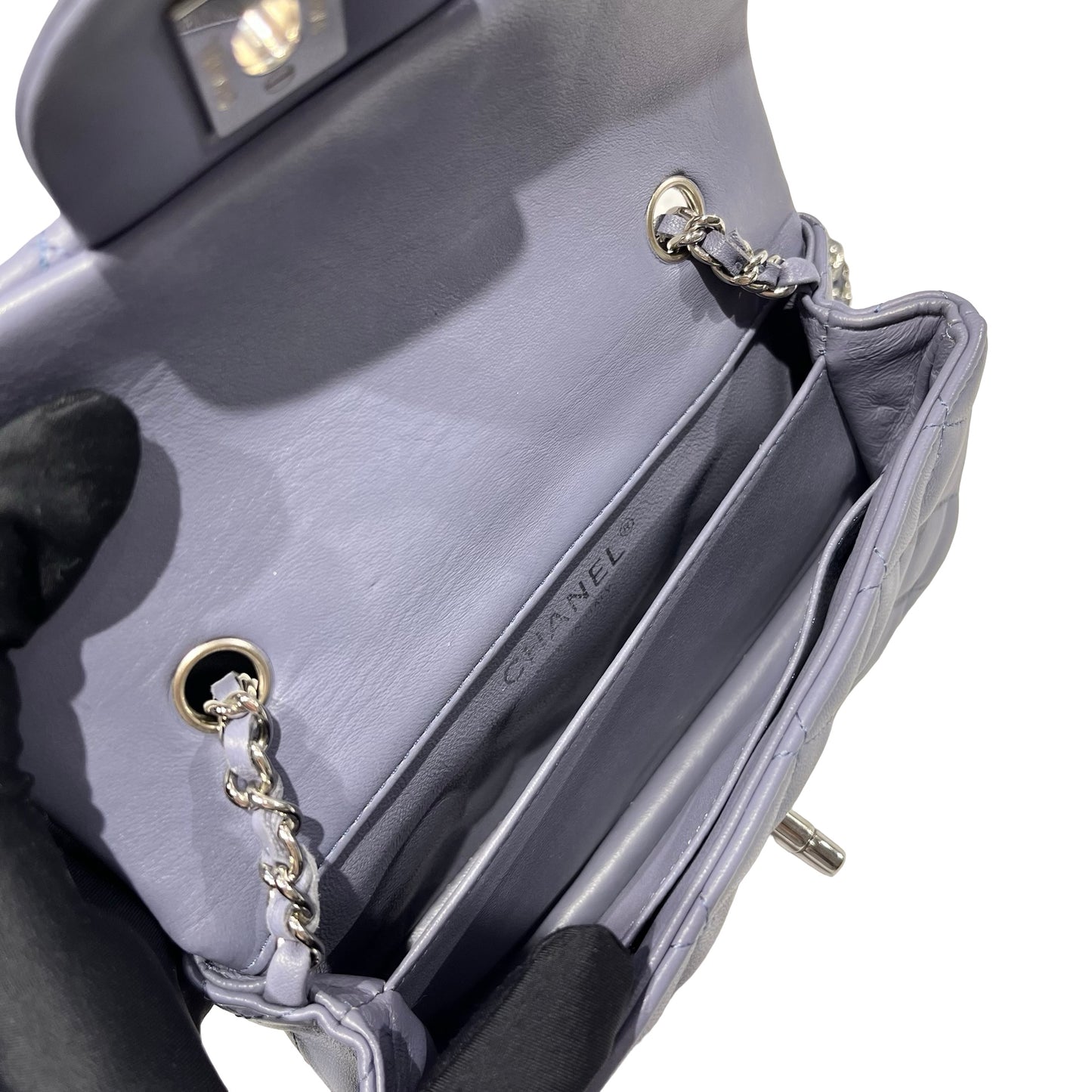 Used CHANEL Lambskin Leather Mini flap 17cm Cross Body Bag PHW Purple